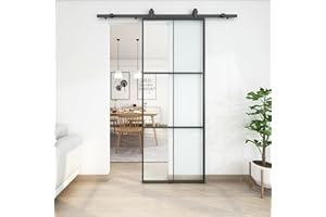 JUBEST 32in x 84in Glass Sliding Barn Door, 3-Panel Black Aluminum Frame and Clear Tempered Glass Modern French Door, Easy to Install (No Sliding Hardware Kit)