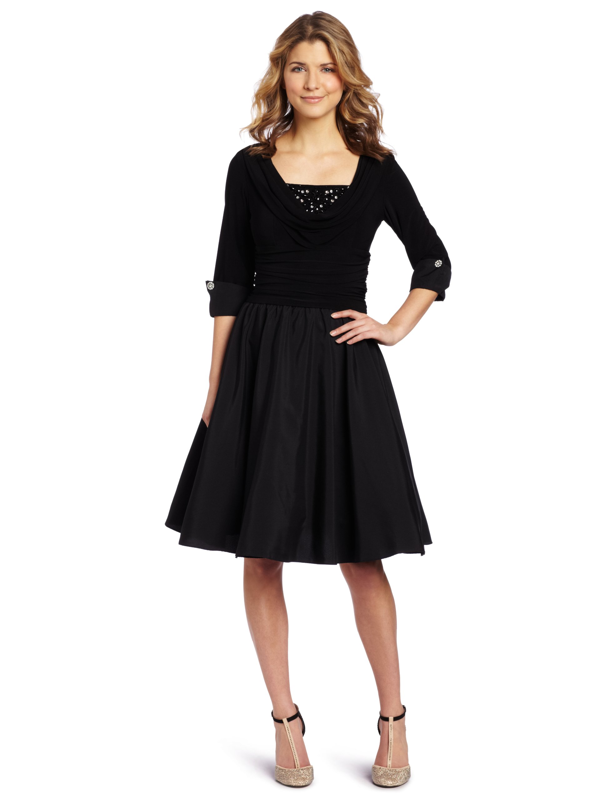 Jessica Howard Women's Petite 1pc 3/4 Rhinestone Cuff SLV Embellished Drape nk Ruched Waist Dress