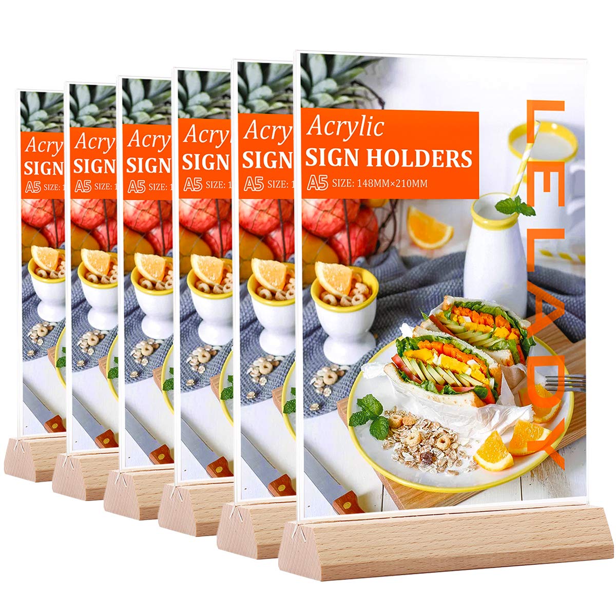 LELADY A5 Acrylic Sign Holder (6 Pack) Plastic A5 Display Stands Double Sided Menu Holder for Tables, Counter Poster Sign Display Stand for Restaurant Store Bar Company (Wood Base)