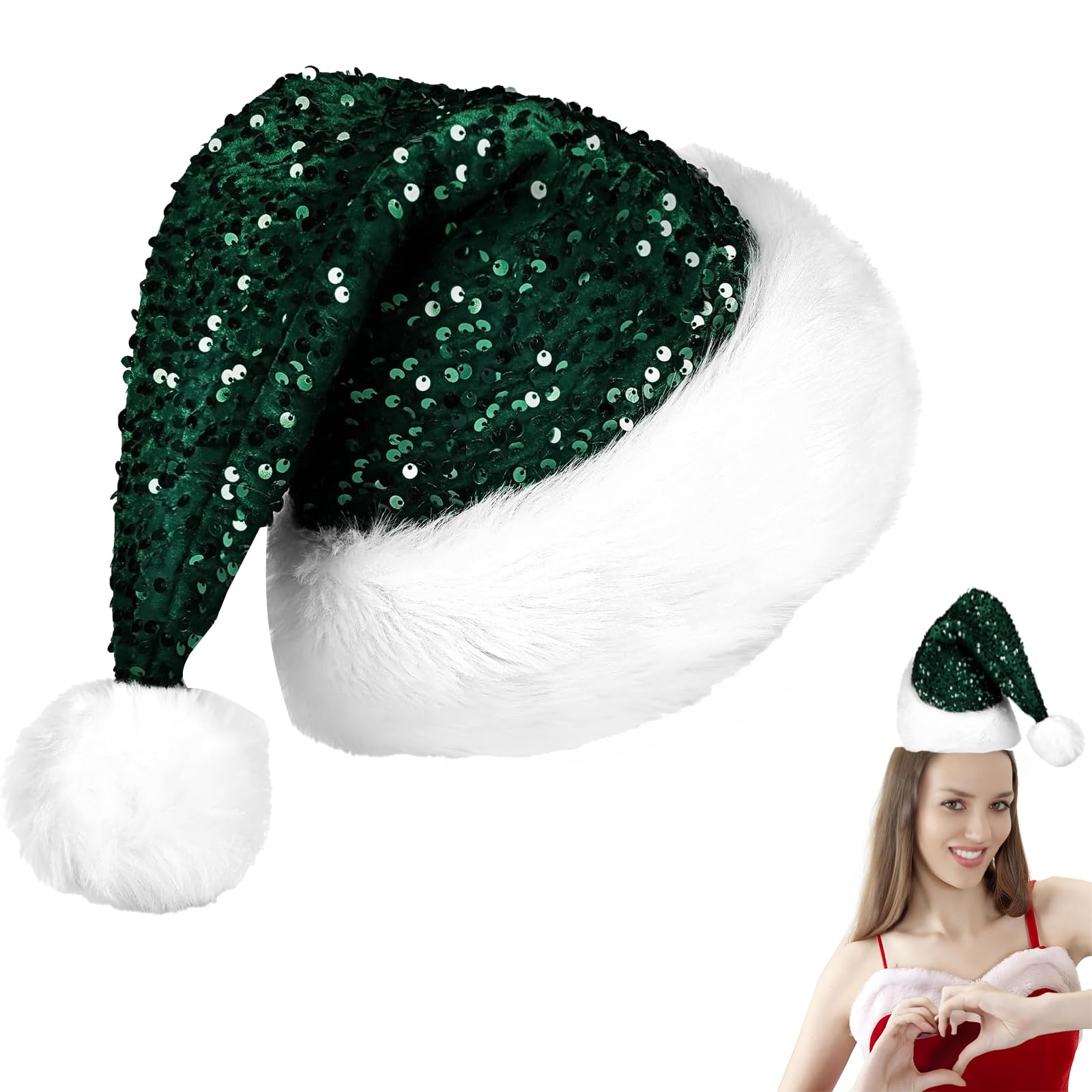 Christmas Sequin Santa Hat,Sparkly Dark Green Christmas Sequin Hat for Adults,Luxury Santa Hats ChristmasCap Santa Claus Hats Father Xmas Costume Fancy Dress Accessory for Xmas New Year Party Supplies