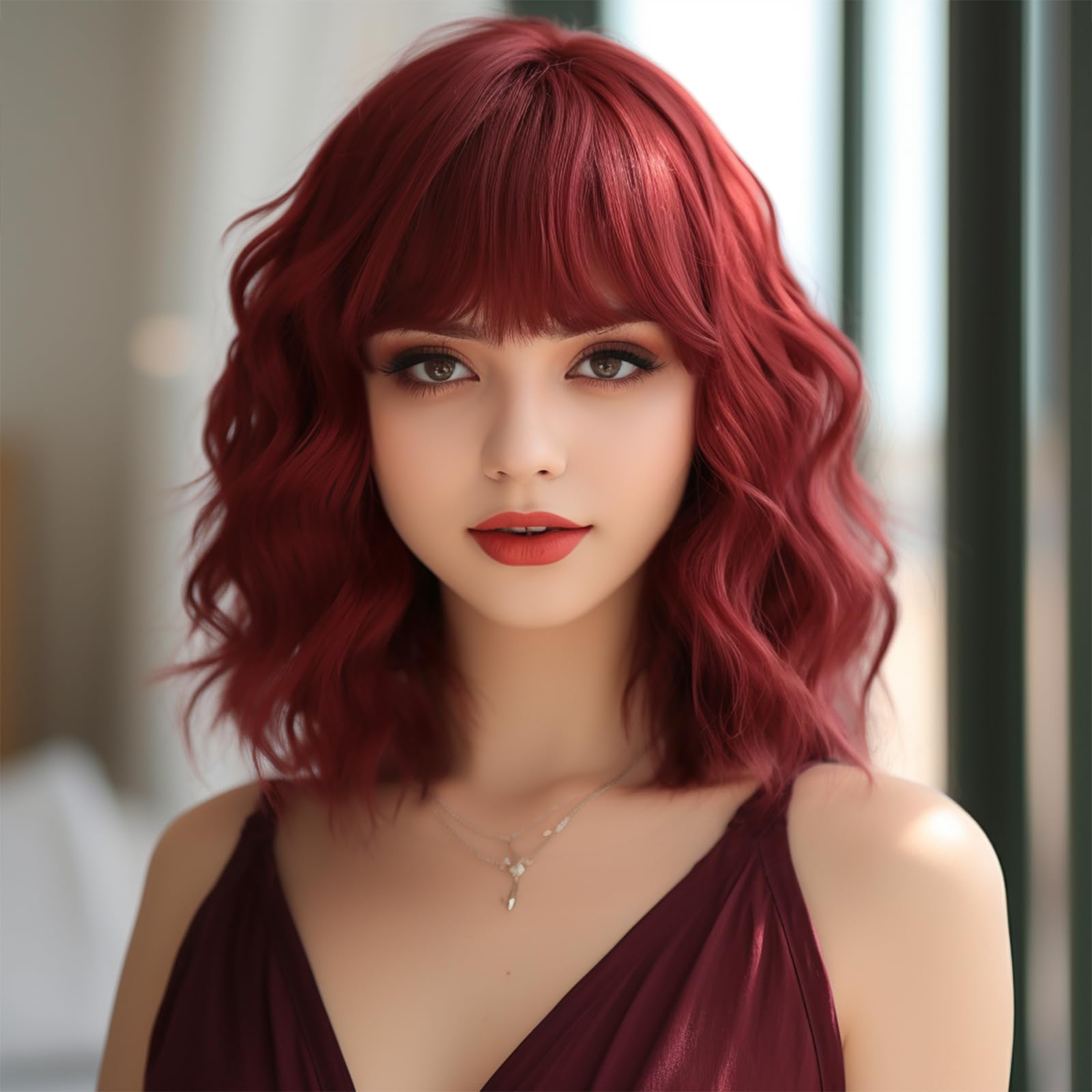 BERRYLION Wine Red Wigs for Women|Curly Wig for Daily Use|Wine Red Womens Wigs with Bangs — image 1