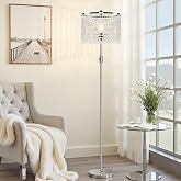 Yemela 【Upgraded】 Dimmable Crystal Floor Lamps for Living Room, 1000LM LED Bulb Included, Standing Lamp with Knob Switch, Tall Silver Modern Floor Lamp for Bedroom Nursery Office Reading