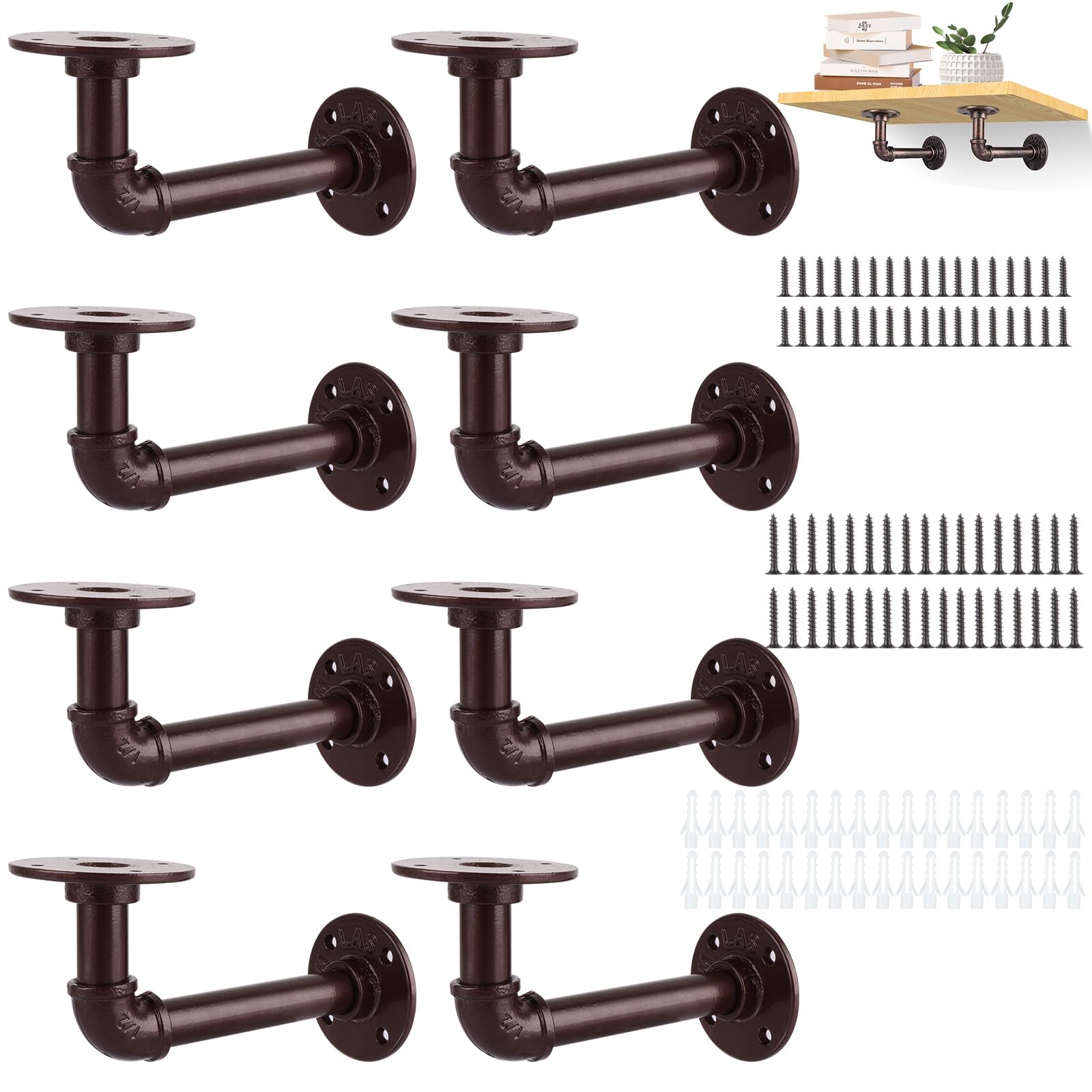 MUXHEL 8PCS Industrial Pipe Shelf Brackets, Wall Mounted Industrial Shelf Brackets with Screws, Brown Pipe Brackets for Shelves, Scaffold Board and Home Decoration