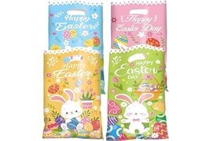 Jocomoni 100Pcs Easter Gift Bag Plastic Treat Bag with Handle Egg Bunny Candy Bags Colorful Goodie Bags for Easter Party Favo