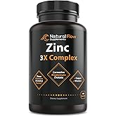 Zinc Supplement Complex with Copper and Vitamin C - Natural Flow 3X Zinc Carnosine, Bisglycinate Chelate, and Orotate, Chelated Copper, Easy on The Stomach, Skin and Immune Support, 120 Capsules
