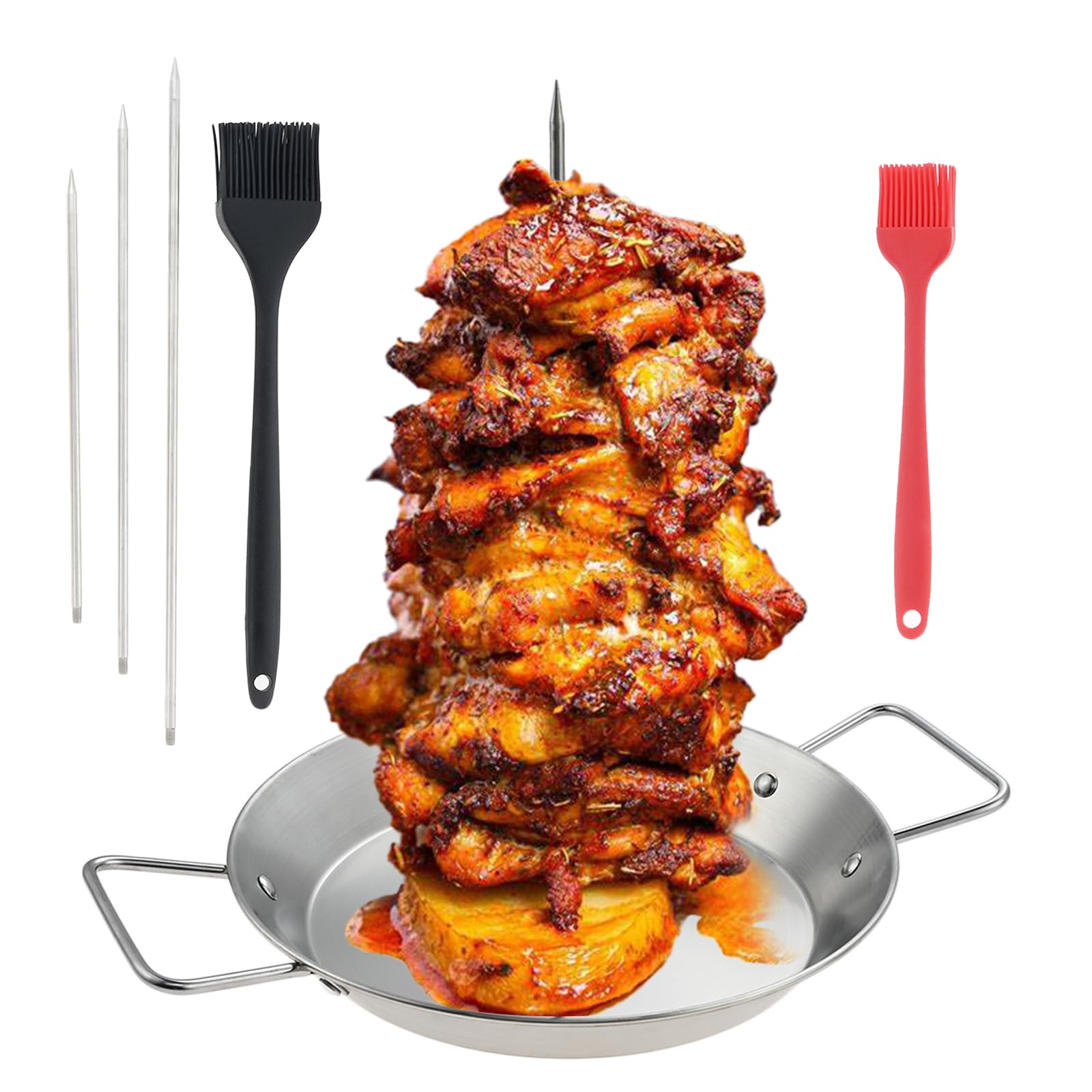 DRELD Vertical Kebab Skewer, 3 Sizes Detachable Spike Barbecue Meat Spit Stainless Steel Roaster Stand with Large Drip Tray and Brush for Broiler, Medium Chicken, Steak, Kebab, Shawarma, Doner, Gyros