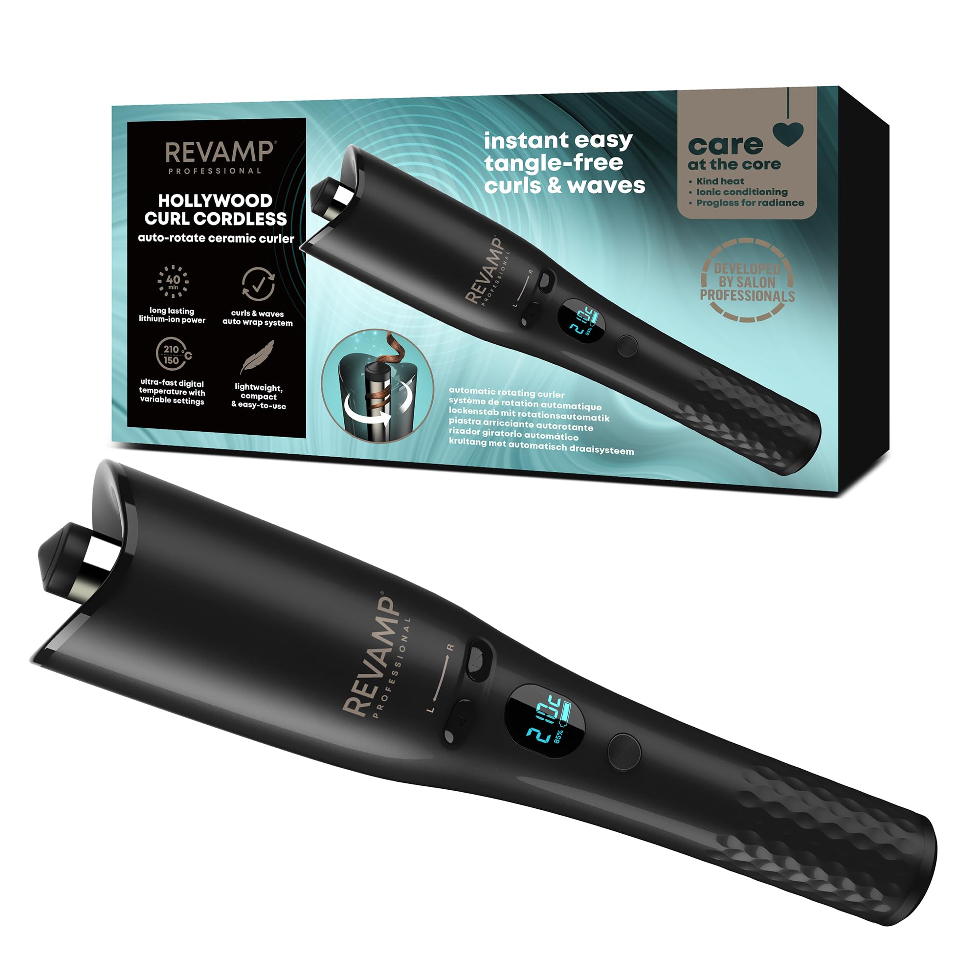 REVAMP Hollywood Curl Cordless Auto-Rotate Curler, Automatic Rotating Styler - Ceramic, Ionic Barrel, Waver for Tight Curls, Beach Waves - Rotating Hair Styler, Wavy Hair Curler Tong
