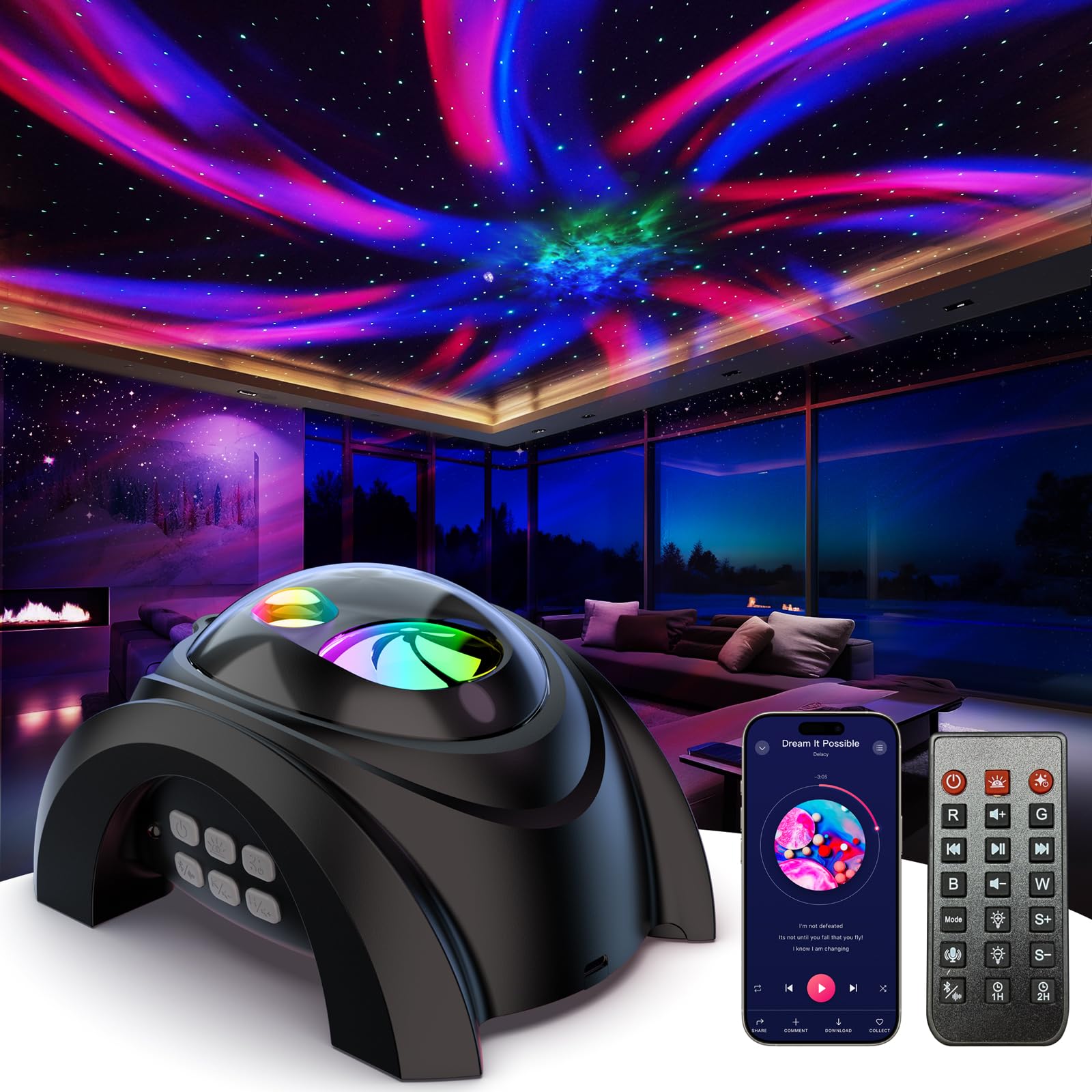 Photo 1 of Rossetta Galaxy Projector, 58 Lighting Effects Star Projector Bluetooth Speaker White Noise Night Light, Galaxy Light Projector with Remote Control and Timer for Ceiling, Home Decor, Kids Room, Party