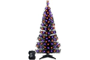 [ 8 Modes Timer ] TURNMEON 4 Feet Black Halloween Tree with 80 Orange Purple LED Lights Battery Operated 156 Tinsel Branch Tips Artificial Halloween Tree Halloween Decoration Indoor Outdoor Home Decor