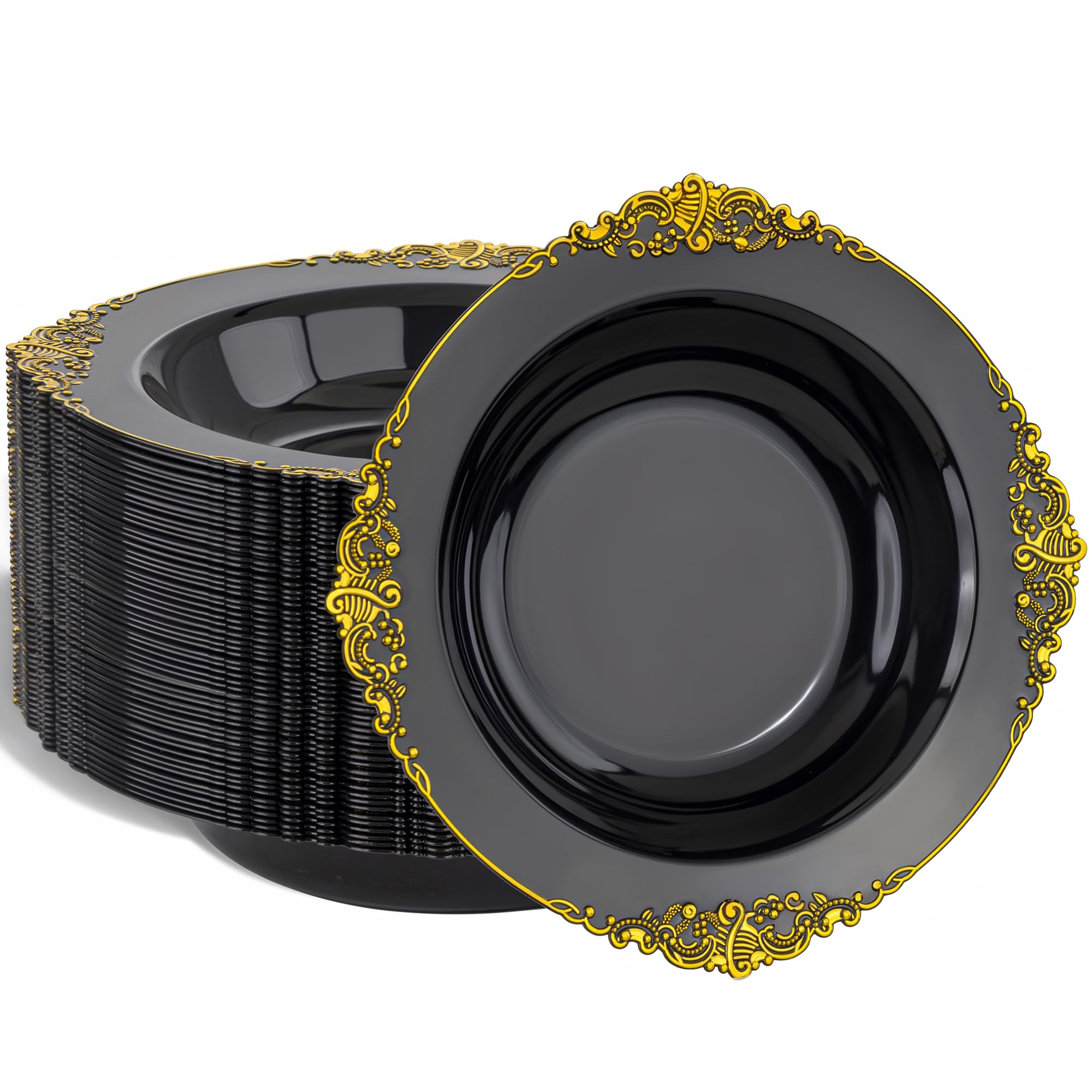 Photo 1 of **MAYBE HALF ARE MISSING**
Nervure 50PCS Black Plastic Bowls with Gold Rim - 12oz Disposable Soup Bowls, Heavy Duty Salad Ice Cream Bowl Perfect For Weddings, Parties and Everyday Use