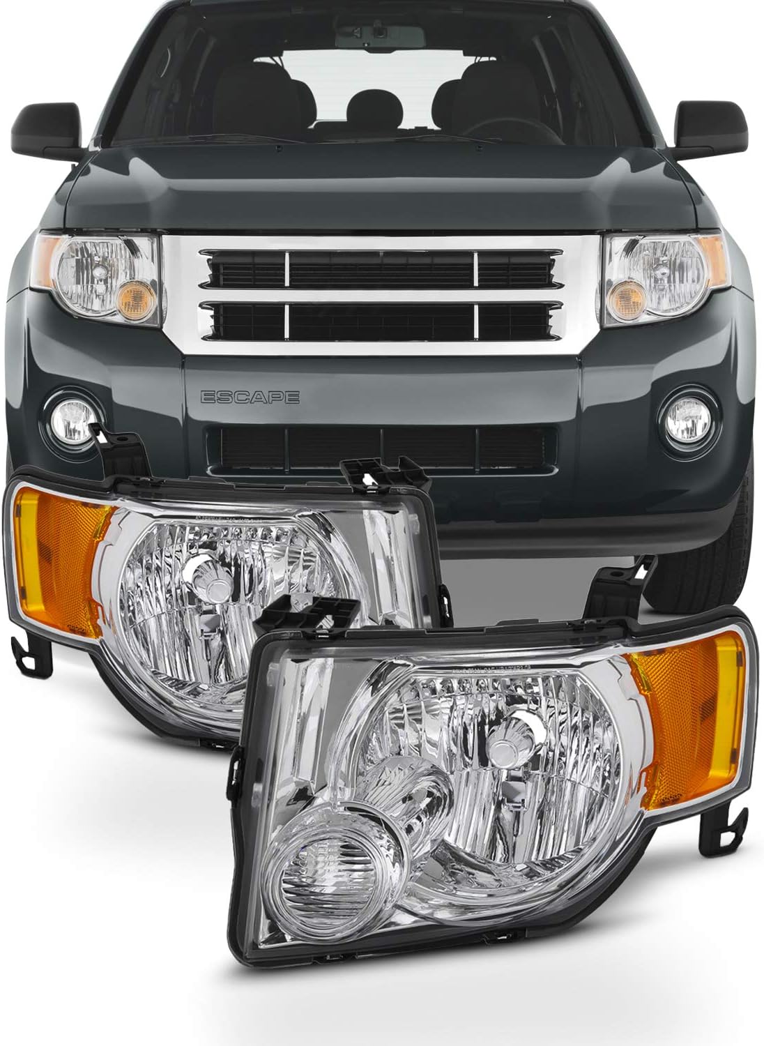 ford headlights replacement on Amazon Com For 2008 2012 Ford Escape 4 Door Suv Headlights Assembly Chrome Housing Clear Lens Full Set Automotive