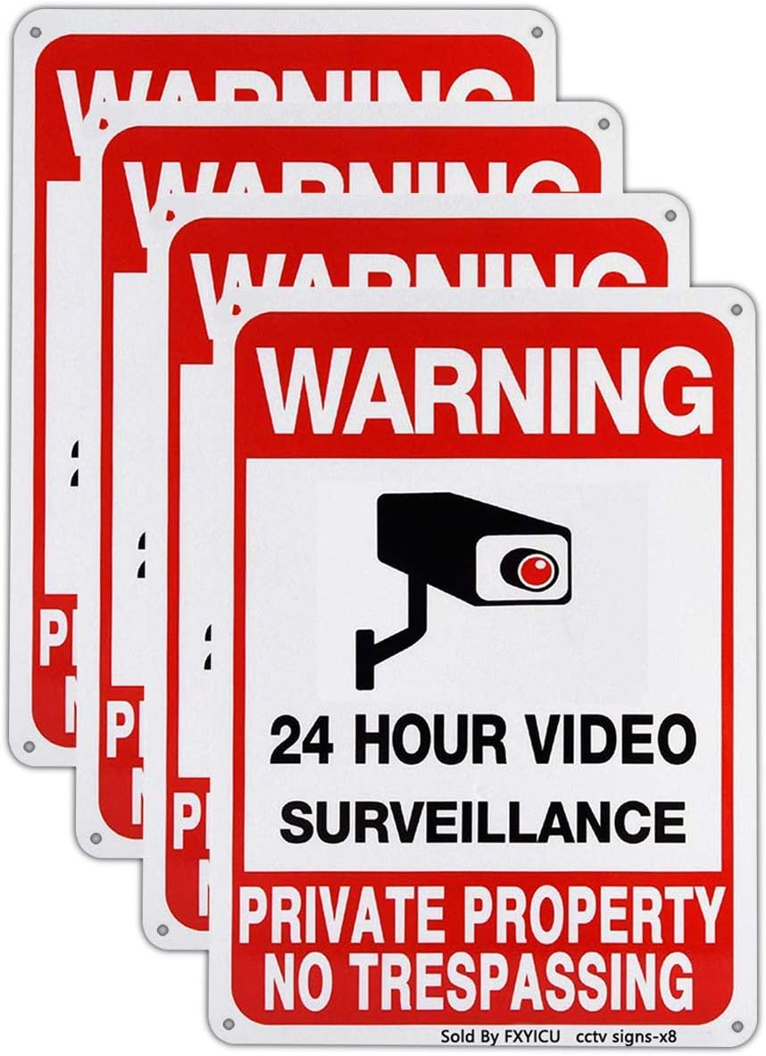 Yard Signs - Warning 24 Hour Video Surveillance Sign,No Trespassing Signs Private Property Metal 10x14 Aluminum UV Printed,Durable/Weatherproof Up to 7 Years Outdoor for Home and Business (4-Pack)
