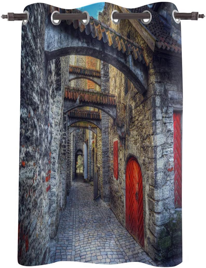 wanxinfu Blackout Curtains Thermal Insulated with Grommet for Living Room/Bedroom, St. Catherine Estonia Tallinn European Medieval City Building Red Door Darkening Window Drapes, 1 Piece 52