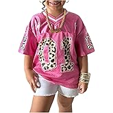 SweatyRocks Girl's Jersey Shirts Leopard Number Graphic Tees V Neck Short Sleeve Oversized T Shirts