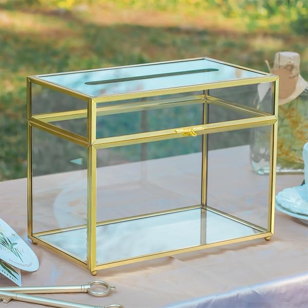 NCYP SMALL 9.8″ X 5.6″ X 7.7″ GLASS WEDDING CARD BOX WITH SLOT AND LOCK – BIRTHDAY PARTY RECEPTION, INDOOR TABLETOP CENTERPIECE, GOLD DECORATION – SLOT LENGTH 7.1 INCHES (GLASS BOX ONLY)