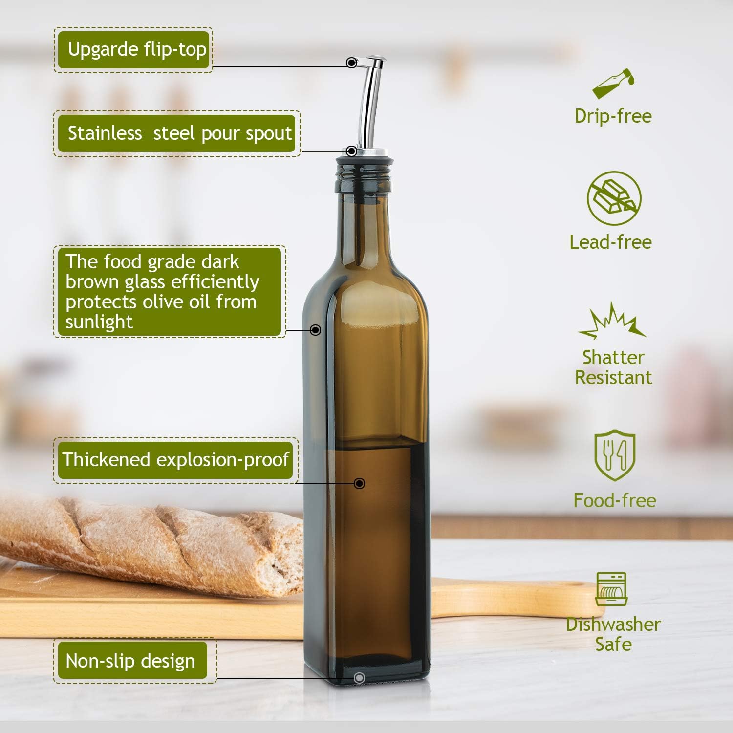 Aozita 17oz Glass Olive Oil Bottle - 500ml Dark Brown Oil & Vinegar Cruet with Pourers and Funnel - Olive Oil Carafe Decanter for Kitchen: Kitchen & Dining