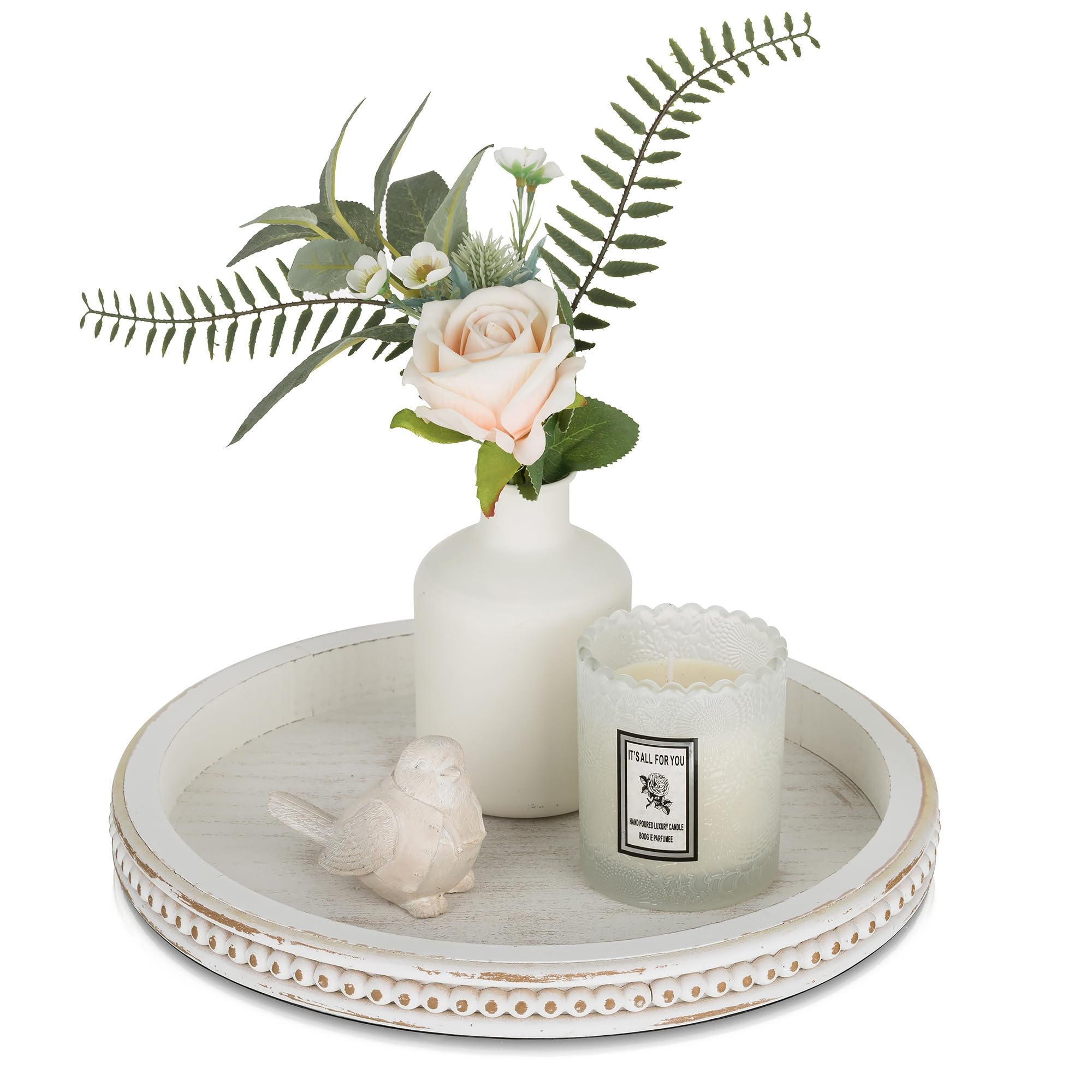 Romadedi Wooden Tray Round Decorative Tray：White Shabby Wood Serving Trays Vintage Wood Platter for Candles Kitchen Countertop Table Centrepiece Decoration