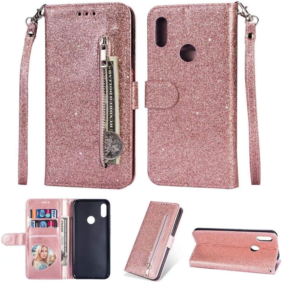 Abtory Zipper Wallet Case for Galaxy A20S, PU Leather Flip Folio Stand Holders Kickstand Soft TPU Book Case Cover for Samsung Galaxy A20S Rose Gold