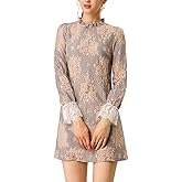 Allegra K Women's Cocktail Elegant Ruffle Crew Neck Floral Lace Shift Dress