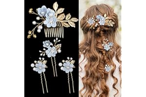 BOYIVI 4 Pieces Wedding Flower Hair Pins Pearl Rhinestone Bridal Hair Combs Vintage Hair Forks Wedding Hair Accessories Headpiece Hair Clips for Brides Bridesmaids Women and Girls (Blue)