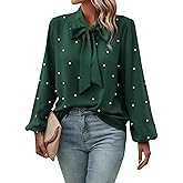 SweatyRocks Women's Pearls Bow Tie Mock Neck Long Sleeve Shirts Casual Loose Fit Blouse Top
