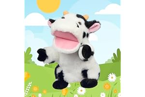 Easfan Cow Hand Puppet with Movable Mouth Interactive Storytelling Cute Soft Cow Plush Toy Creativity and Imagination Christmas Birthday Gifts for Toddlers Kids,9’’