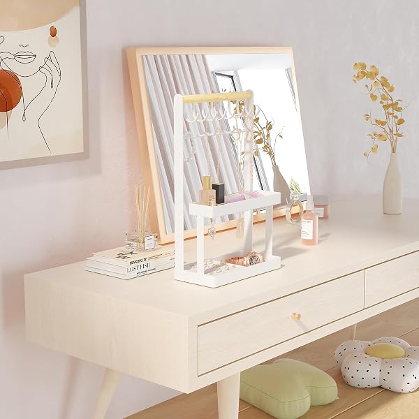 LOLALET 4-TIER JEWELRY ORGANIZER STAND WITH 12 HOOKS, NECKLACE BRACELET RING & SUNGLASSES HOLDER, CUTE METAL JEWELRY STORAGE RACK FOR VANITY, DRESSER OR ENTRYWAY, NO ASSEMBLY -WHITE