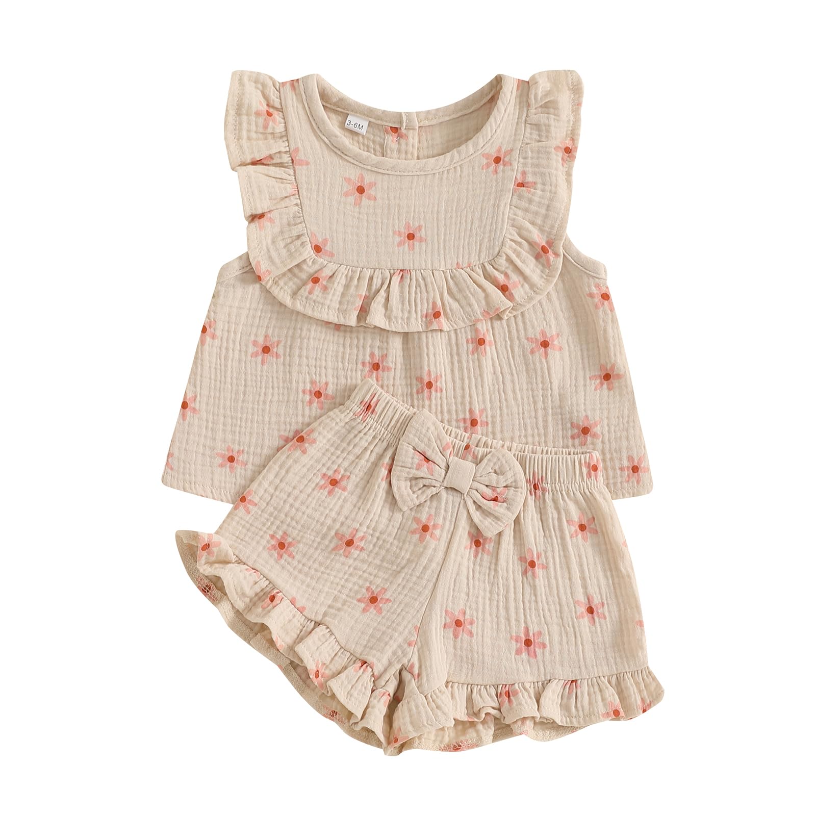 Photo 1 of BemeyourBBs Summer Toddler Girl Clothes Baby Girl Ruffle Sleeveless Shirt with Buttons Bow Bloomers Shorts Set Cute Outfits (Floral Khaki, 6-12 Months)