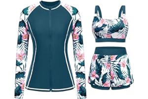 3 Piece Rash Guard for Women - Long Sleeve Swimsuits with Shorts SPF Zip up Swim Shirt with Built in Bra