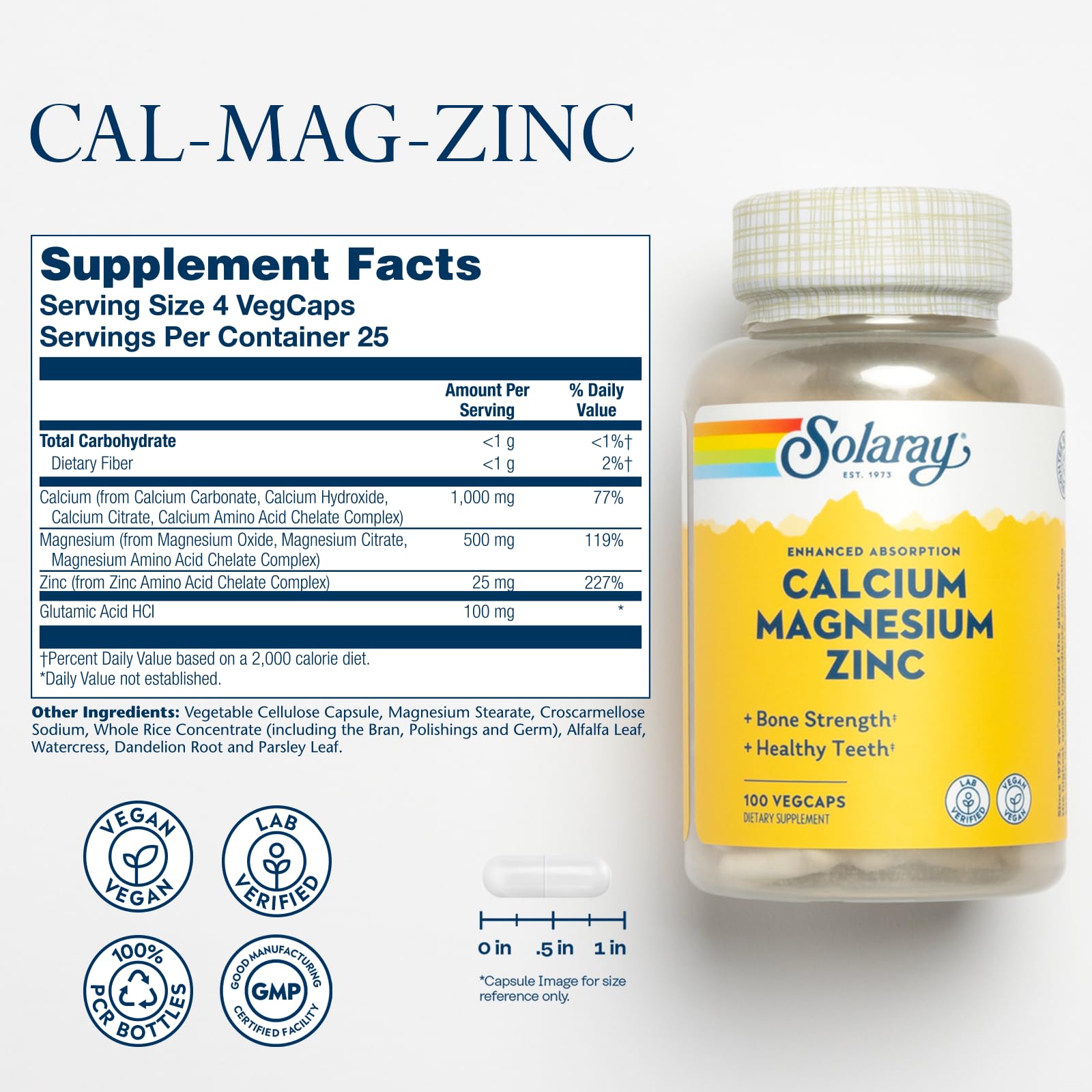 SOLARAY Calcium Magnesium Zinc Supplement - with Calcium 1000mg, Magnesium 500mg - Bone Health, Muscle Function, Heart Health and Immune Support - Vegan, 60 Day Guarantee, 25 Servings, 100 VegCaps