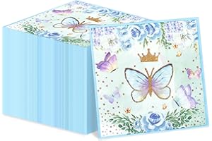 XJLANTTE 100Pcs Butterfly Napkins, 13 x 13 Inches Blue Floral Paper Napkins, Spring Flower Party Napkins, Decorative Paper Napkins for Wedding Floral Spring Butterfly Birthday Decorations