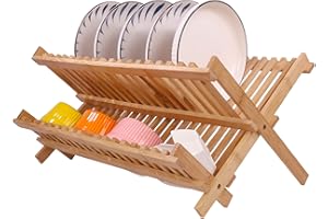 SZUAH Bamboo Dish Drying Rack, Collapsible Dish Drying Rack for Kitchen Counter, Space Saving Counter Organizer (17.8"x10.23"