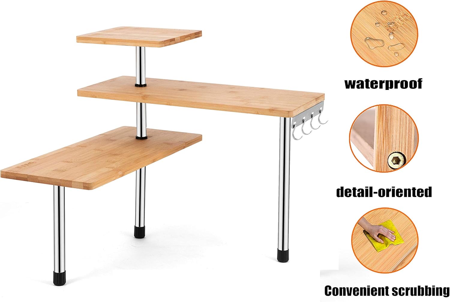 HYNAWIN 3 Tier Corner Shelf Bamboo & Metal Storage Spice Rack-Desk Bookshelf Display Shelves Space Saving Organizer -Adjustable Rack for Kitchen,Bedroom, Office-Creative Home Décor with Hooks: Furniture & Decor