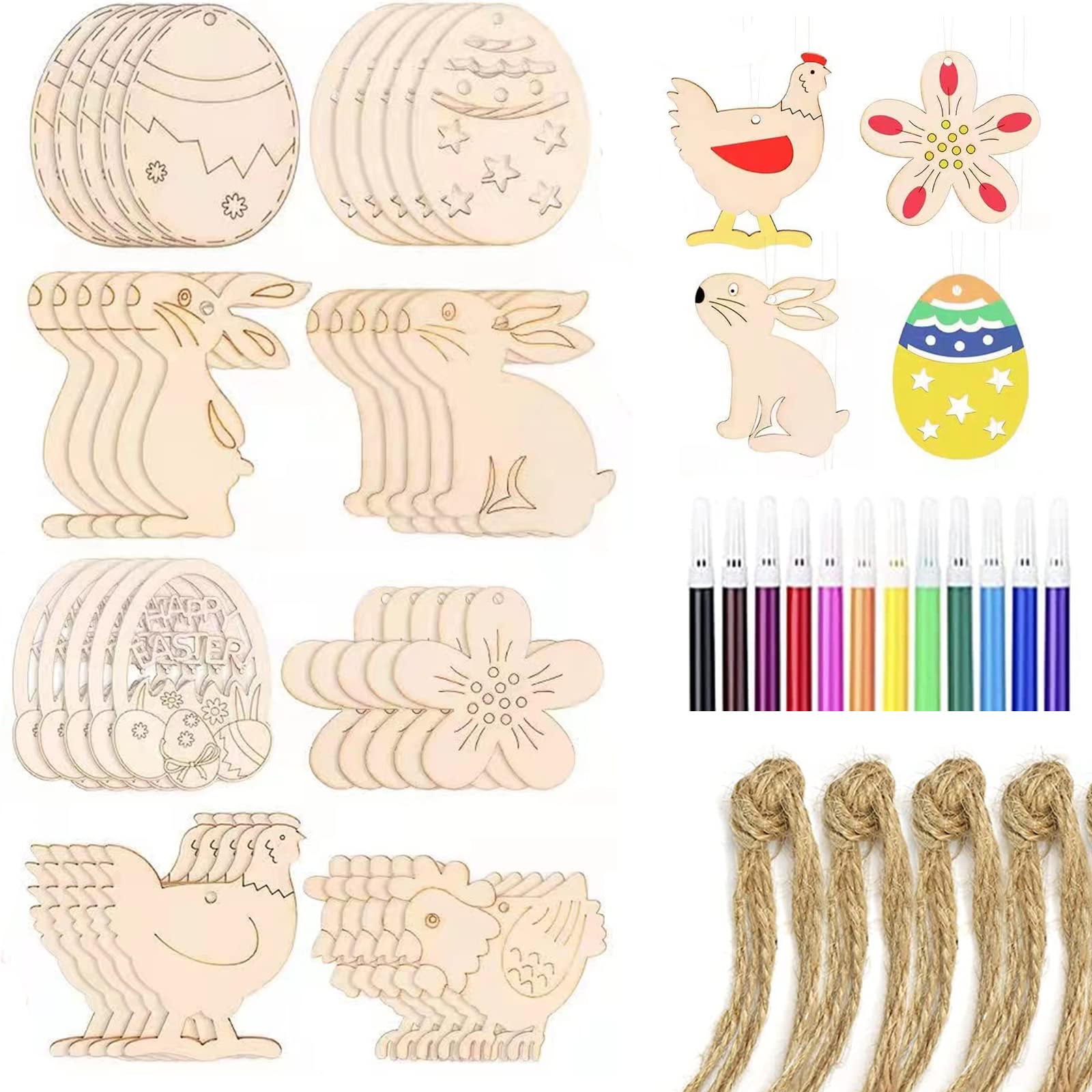 HBell 40pcs Easter Crafts Wooden Ornaments Unfinished Crafts Hanging Embellishments Craft Kit for Kids (Rabbit&Egg)