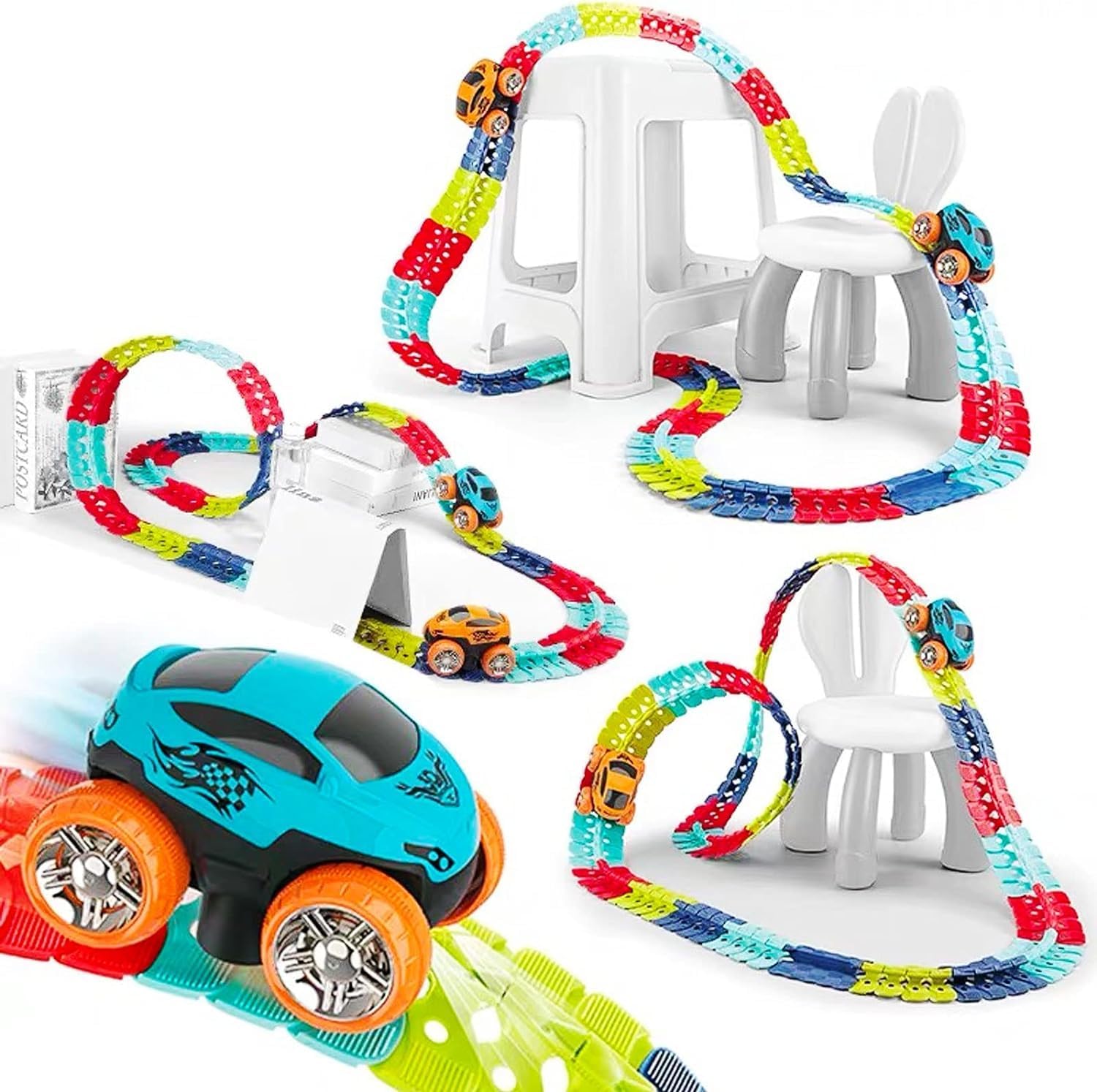 184Pcs Race Track Car, Car Track Playset, Magic Zero Gravity Flexible DIY Construction Track Light Up Toys for Kids