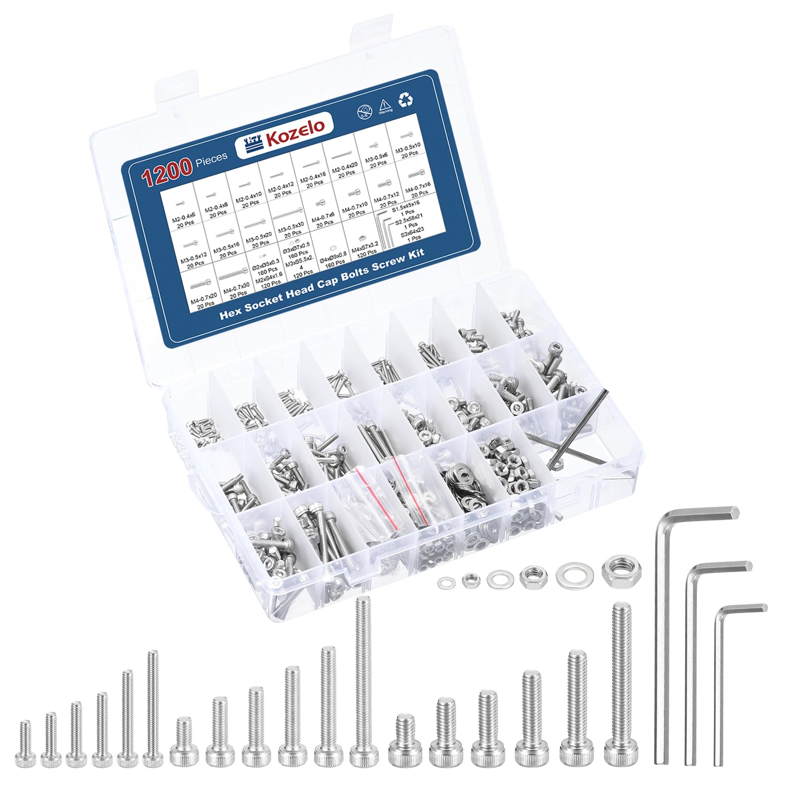 Kozelo 1200pcs Socket Head Cap Screws Bolts Nuts Assortment Kit - [M2/M3/M4] 304 Stainless Steel Allen Socket Drive for 3D Printer with Allen Wrench