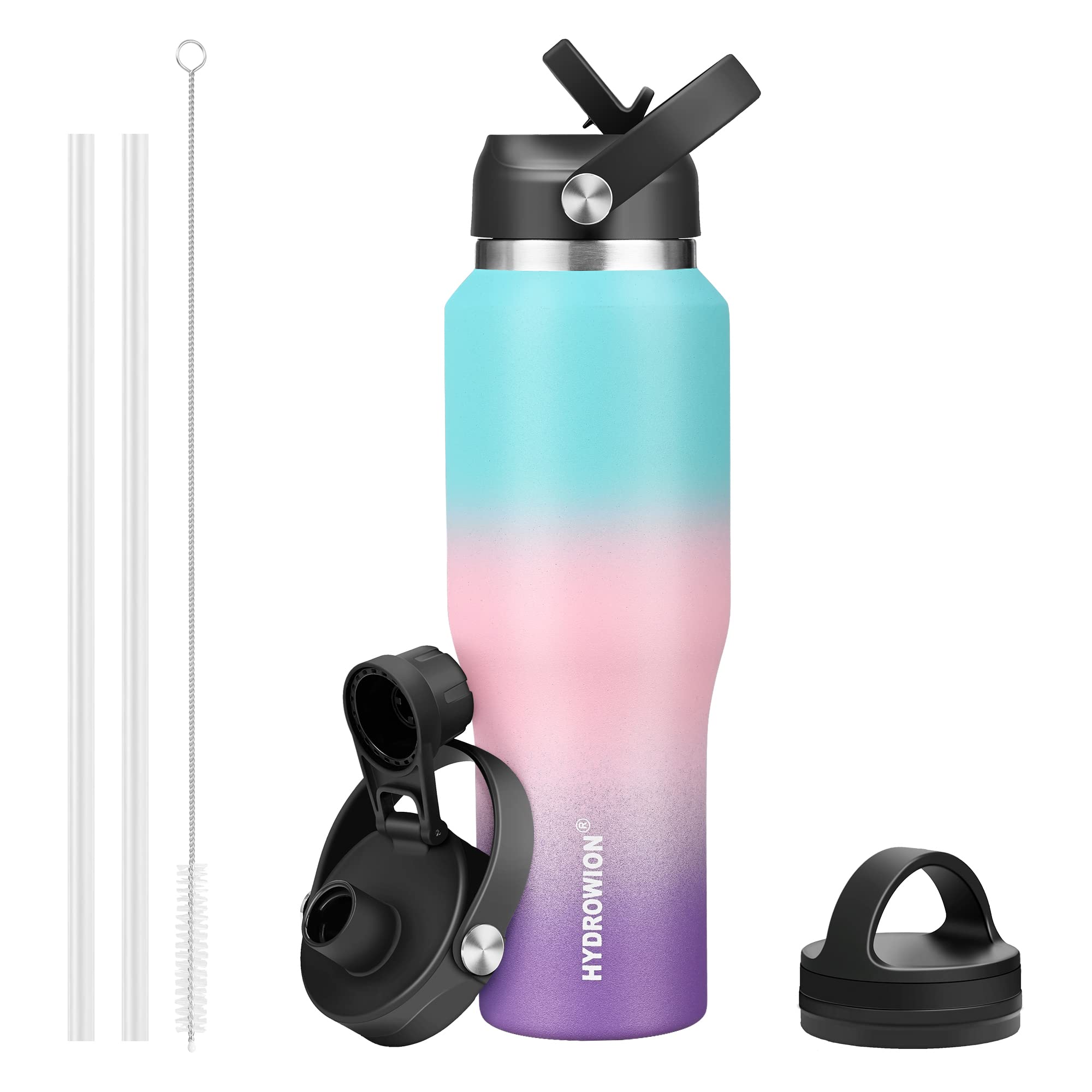 Photo 1 of HYDROWION Stainless Steel Water Bottle, 32oz Wide Mouth Double Wall Vacuum Insulated Water Bottle with Straw Lid, Spout Lid and Flex Cap, Leakproof,Fit in Any Car Cup Holder, Mint&Pink&Purple