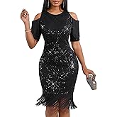 Cololura Elegant Women Sequin Short Sleeve Tassel Bodycon Midi Dress Party Evening Gown Formal Dress