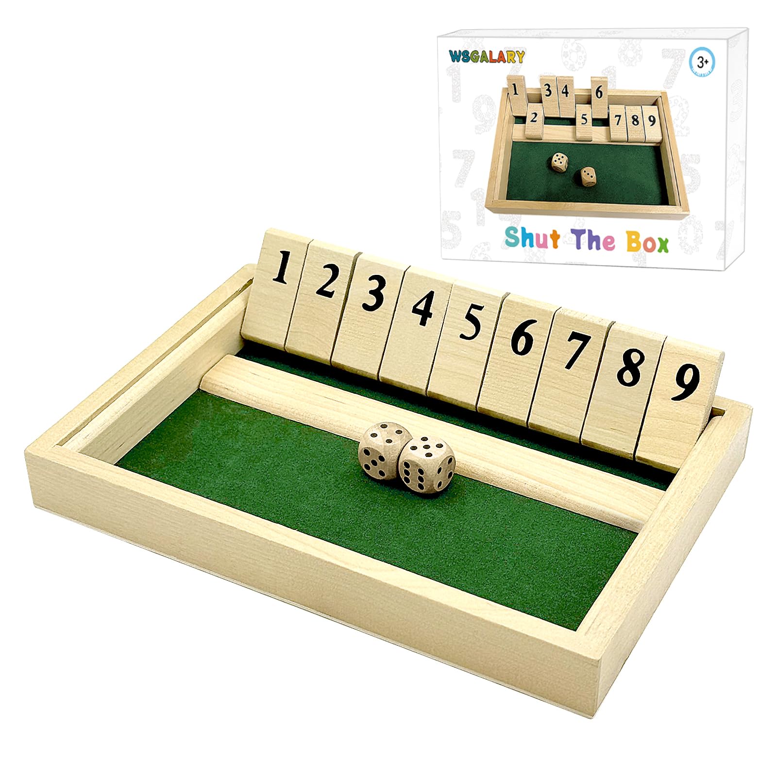 WSGALARY Shut The Box for 2 Players, Wooden Table Game Dice Games Educational Dice Game Great Family Board Games Holiday Travel Fun Game for Kids