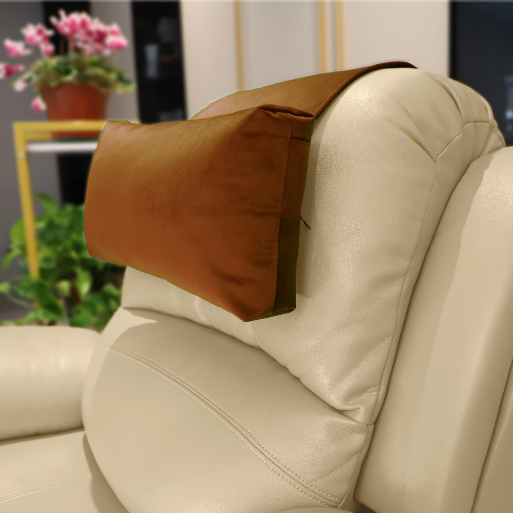 Photo 1 of AmazeCov Velvet Recliner Head Pillow with Non-Slip Base - Adjustable Neck Support for Pain Relief in Home, Office and Travel (Pumpkin)