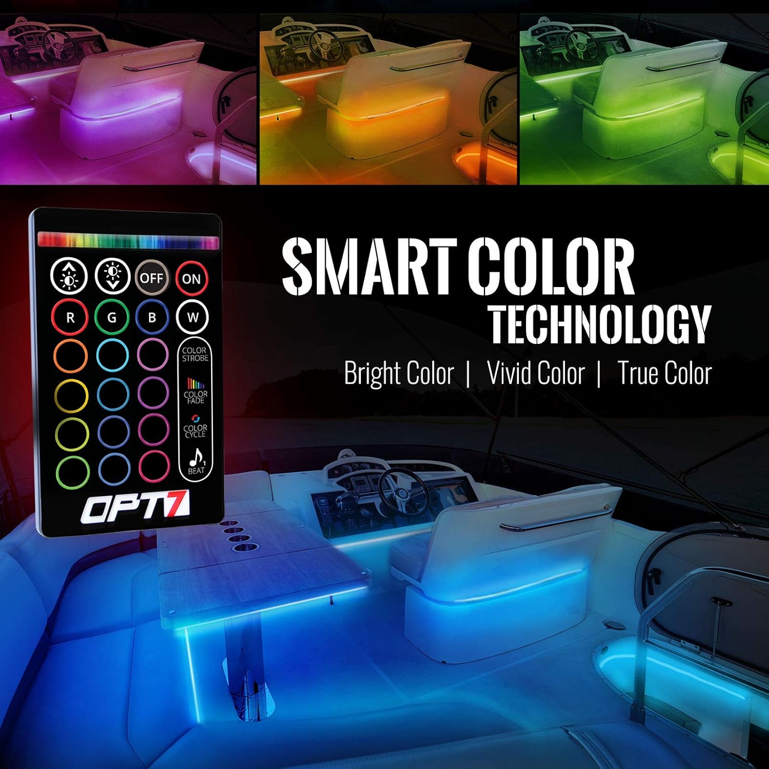 OPT7 Aura LED Boat Light, 24 inches RGB Soundsync Interior Lighting Strip , 16+ Colors Flexible Waterproof 12v with Wireless Remote Control for Pontoon Sailboat, 4pc: Automotive