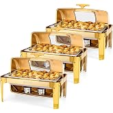 ROVSUN 9QT 3 Pack Roll Top Chafing Dish Buffet Set, Rectangular NSF Stainless Steel Buffet Warmer Chafers with Thick Frame for Catering Events Parties Weddings Dinners, Gold