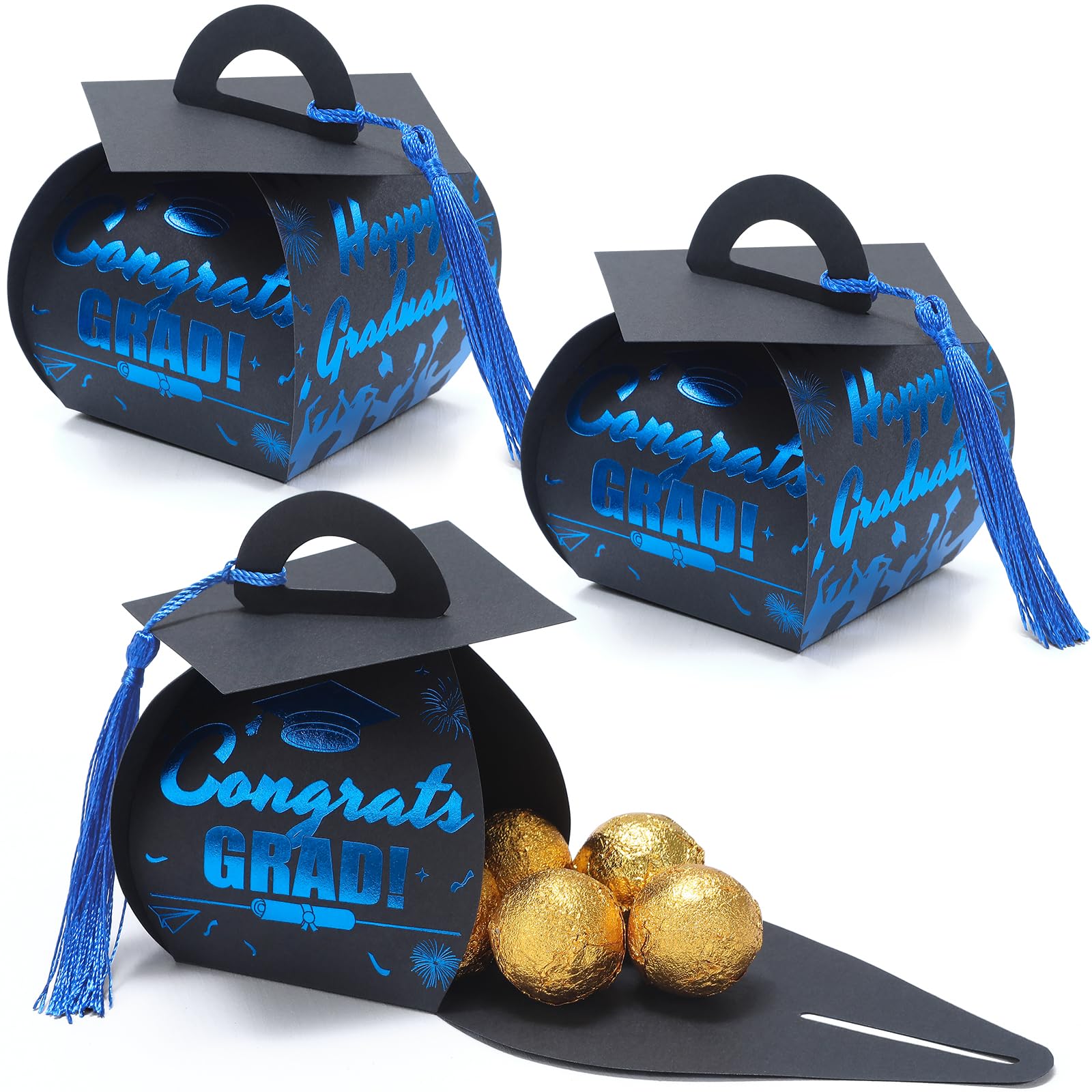 Photo 1 of KPOSIYA Graduation Party Favors Boxes?32 pcs Class of 2025 Graduation Cap Candy Box with Tassel, Grad Gift Treat Boxes for 2025 Table Centerpieces Decorations (Blue, Black)