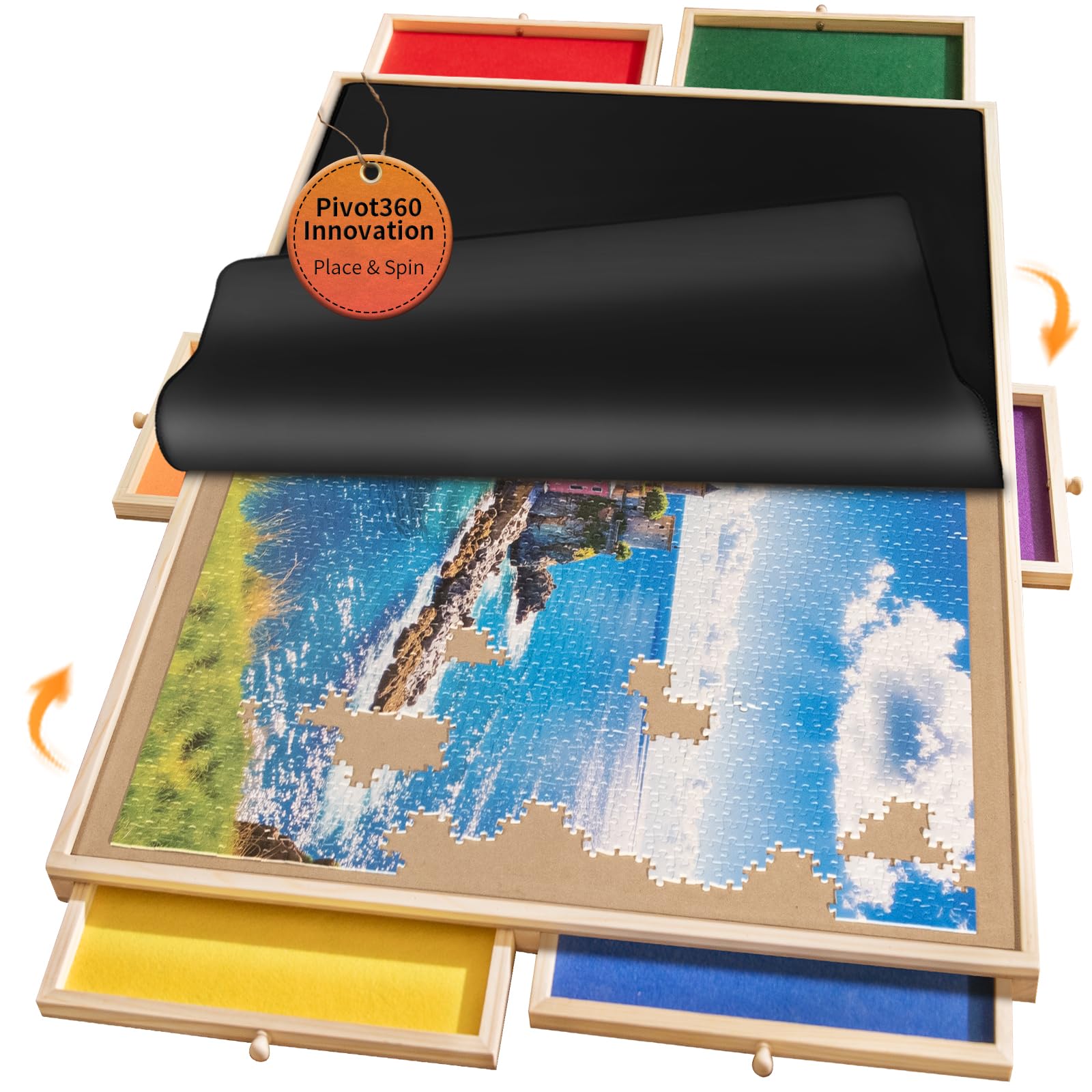 Photo 1 of 1500 Piece Rotating Puzzle Board Pro, with 6 Drawers, Rubber Cover Mat, 360° Lasy Susan, Sort-Wise Colorful Felt Drawers & 4 Trays, Wooden Jigsaw Puzzle Table, Birthday Gifts for Mom, Multicolor