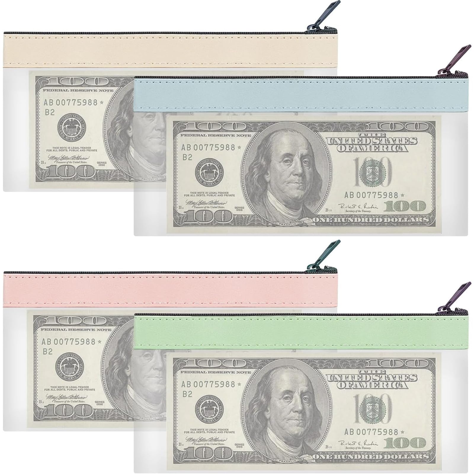 ARROMI 4 Pcs Money Pouches for Cash, Zipper Closure, Waterproof, 4 Colors (Green, Pink, Blue, Off-White), Rectangular, Synthetic, Storage Bag, Financial Transactions, Document Storage, Travel