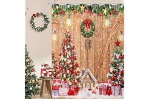 Caheansi Christmas Shower Curtain, Farmhouse Rustic Barn Door Wooden Gingerbread House Xmas Tree Winter New Year Holiday Bathroom Curtain Waterproof Fabric Machine Washable with Hooks, 72" Wx72 L