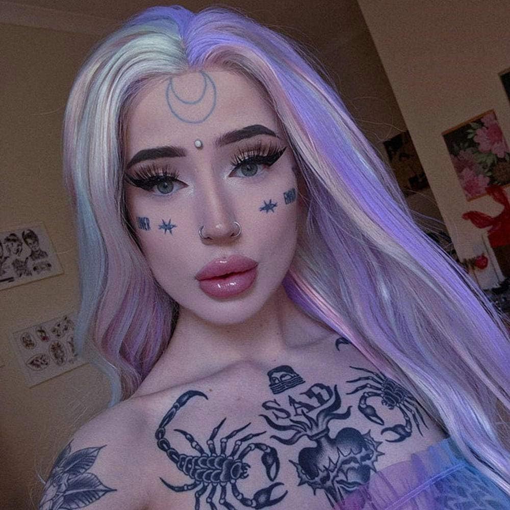 RainaHair 26inch Pastel Mermaid Wig Mixe Lilac Orange Pastel Green Light Blonde Lace Front Wig Long Wavy Heat Resistant Synthetic Wigs Warm Color - Image 3