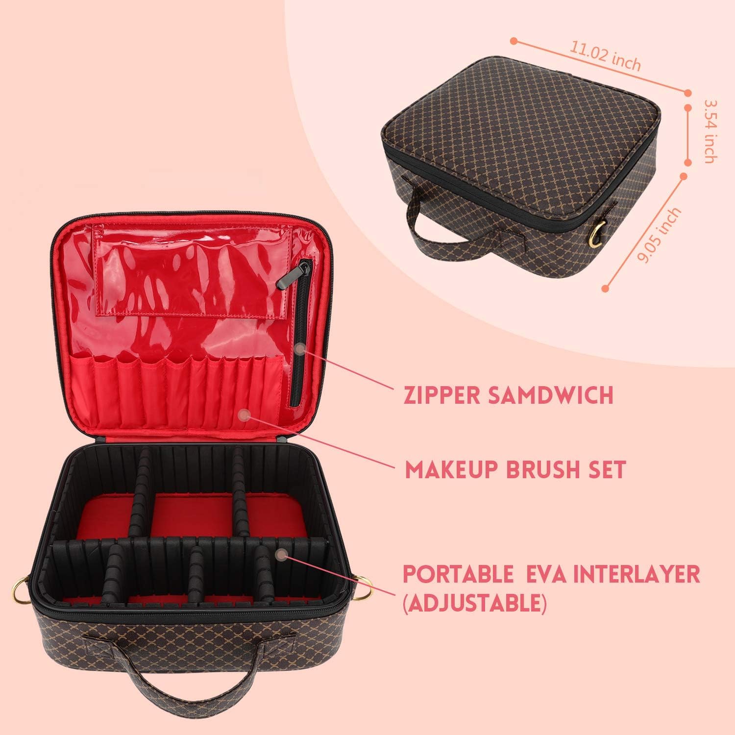 Makeup Bag Organizer Travel Case Cosmetic Large Make Up Bags Train Toiletry PU Leather Portable Waterproof With Adjustable Dividers for Women Girls (Brown)