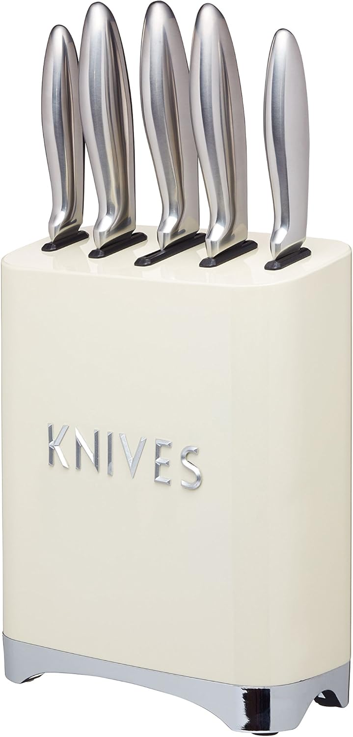 KitchenCraft Lovello Retro 5-Piece Stainless Steel Knife Set and Knife Block - Vanilla Cream, 19 x 1 x 24.5 cm