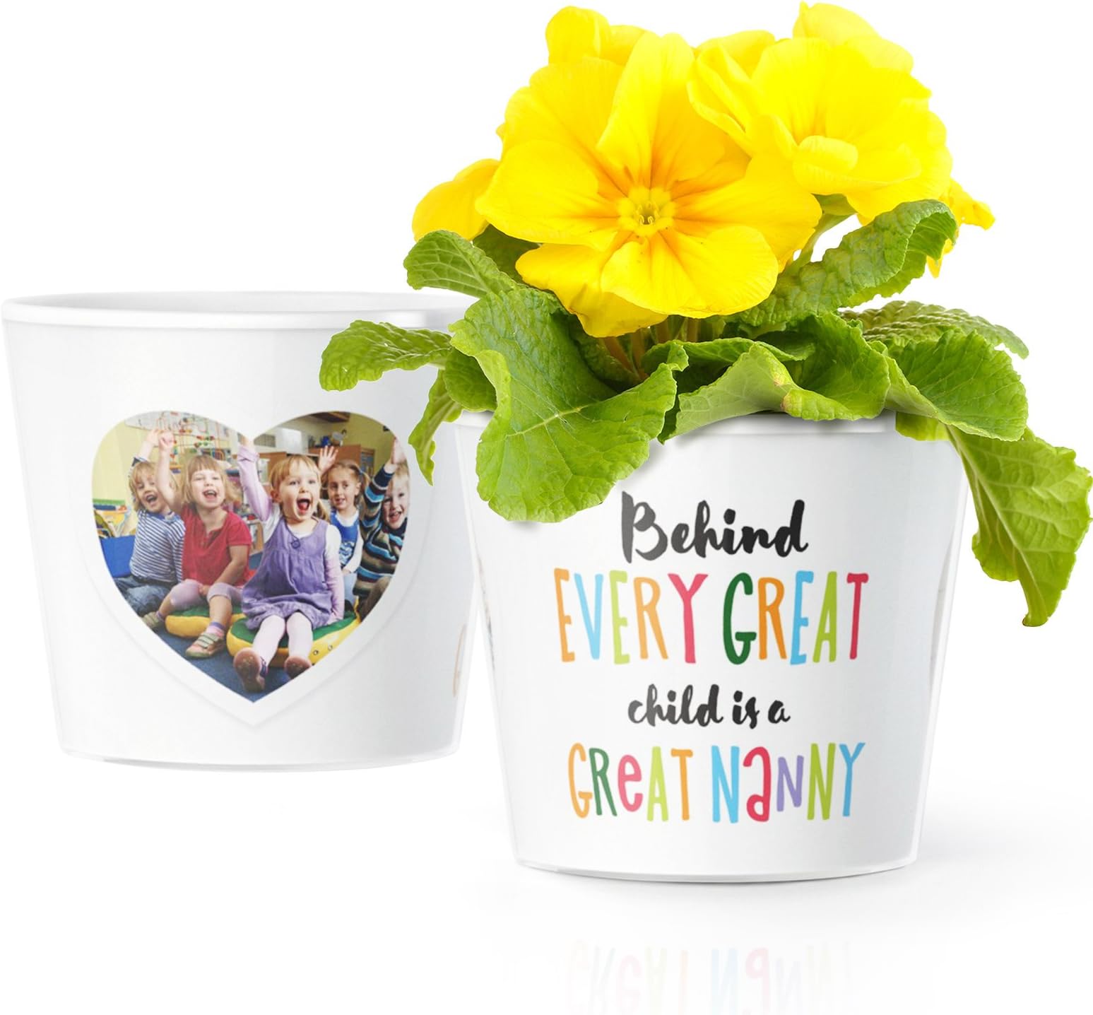Behind every Great Child is a Great Nanny gift flower pot (รธ16cm) | For Birthday or Christmas with a frame for two photos (10x15 cm)